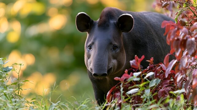 A young tapir peers curiously from behind vibrant red foliage under warm golden sunlight in a lush green forest setting
