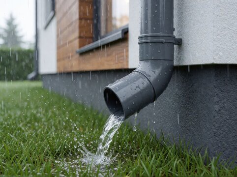 A grey plastic downspout drains rainwater onto green grass during a heavy afternoon rain shower.