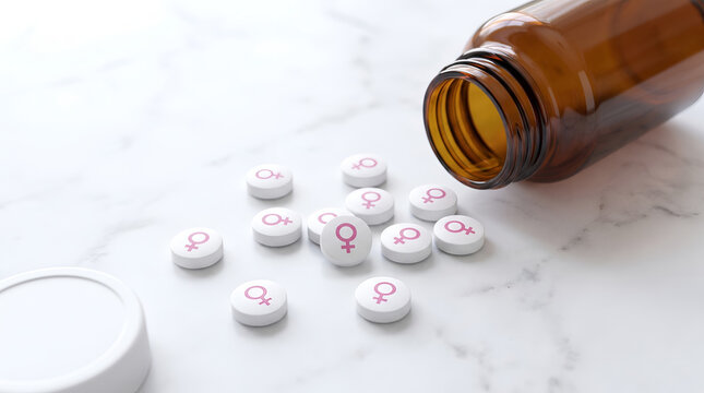 Pharmaceutical gynecology medication concept featuring amber glass bottle with spilled female hormone therapy pills