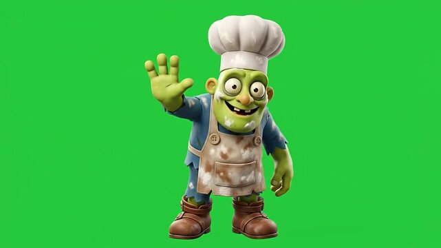 Zombie chef character waving on green screen