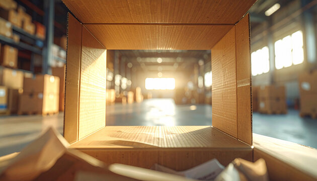 A firstperson view from inside an empty cardboard box in a sunlit warehouse, no people. This perspective evokes hope, new beginnings, and logistics, ideal for business and trade marketing.