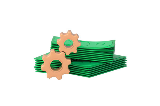 Cash flow automation. Fintech technology. Corporate financial management optimization. Income generation. Profit mechanisms. Gears beside green banknotes isolated on white background. 3d render