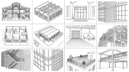 Obraz premium Corporate Architectural Sketch Collection Showcasing Modern Office Buildings Industrial Structures and Urban Design Elements in Black and White