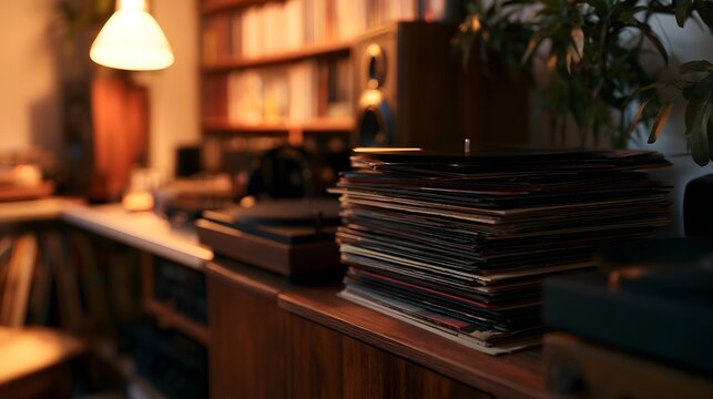A warm  cozy room with a stack of vinyl records on a wooden surface  soft lighting  and green plants in the background