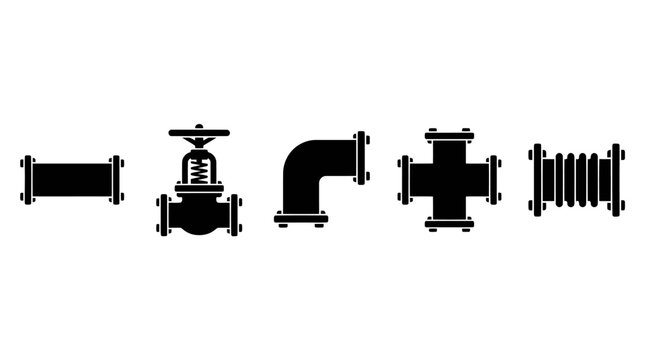 Corporate Black and White Set of Five Essential Plumbing Valves and Fittings for Industrial Piping Systems