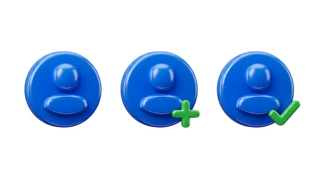 Set of three blue 3D user profile icons with add friend and checkmark symbols isolated 3D icons account buttons user management social media