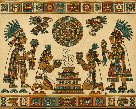 Aztec Priests Performing Sacred Offering Ceremony, Mesoamerican Codex Style Illustration