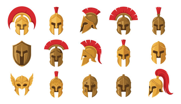 Spartan helmet and warrior armor vector icon set illustration of ancient greek roman gladiator headgear and shields