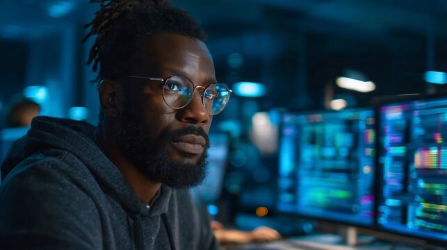 Black man wearing glasses working with computer monitors showing code in a dark office