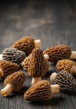 A close-up shot of freshly foraged morel mushrooms scattered across a weathered dark wooden surface with natural soft daylight illumination, wood, spring, flavor