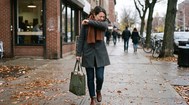 Woman covers a sneeze with her elbow on the sidewalk