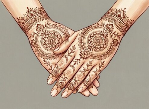 A henna-decorated hand with floral motifs and fingertips rests inside a circular botanical frame with hearts, outlined flowers, and leafy branches.