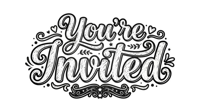 You&rsquo;re Invited hand lettered typography with decorative flourishes for party or wedding invitation on white background