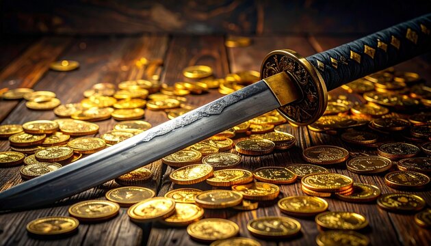 無数の金貨の上に横たわる日本刀全体の俯瞰イメージ