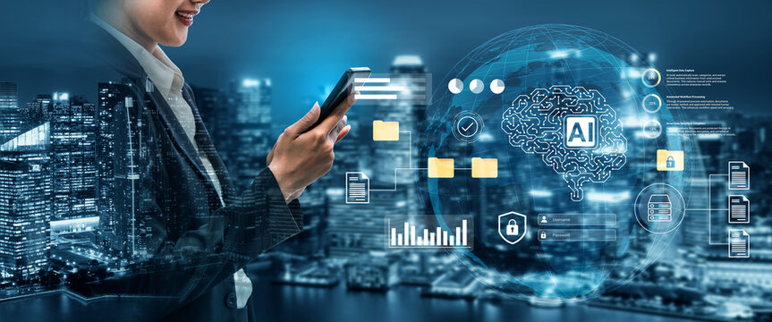 A business professional interacts with a smartphone, surrounded by futuristic data visualization elements and AI technology graphics against a vibrant city skyline at night. Gantry