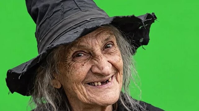 Old witch with toothless smile laughing on green screen background