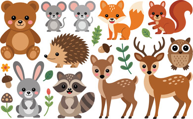 Obraz premium Set of cute cartoon woodland animals including bear fox deer squirrel owl raccoon hedgehog rabbit and mice isolated on white background