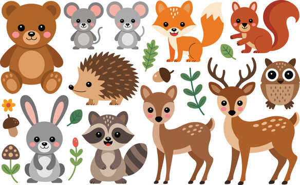 Set of cute cartoon woodland animals including bear fox deer squirrel owl raccoon hedgehog rabbit and mice isolated on white background