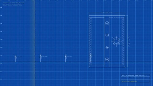 Architectural blueprint style animation of human figures walking into a large technical book. 4K structural loop.