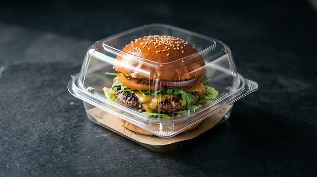 Fresh beef burger inside a clear plastic takeaway container on a dark textured surface. clamshell packaging burgers