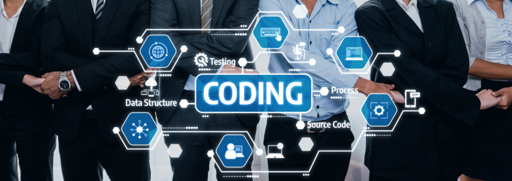A professional team showcases collaboration in software development, with a focus on coding, data structure, testing, and process management illustrated through digital icons. Amity