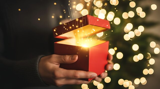 A close-up photograph of multiple hands holding a magical glowing red Christmas gift box with festive holiday bokeh lights