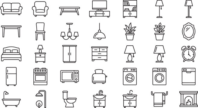 Set of black and white line icons representing various household furniture and home appliances for interior design