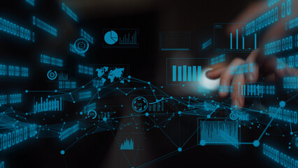 A captivating image showing advanced data visualization elements on a dark background. It...