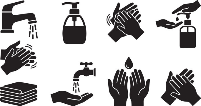 Set of black hand washing and hygiene icons featuring soap dispensers and water faucets in vector style