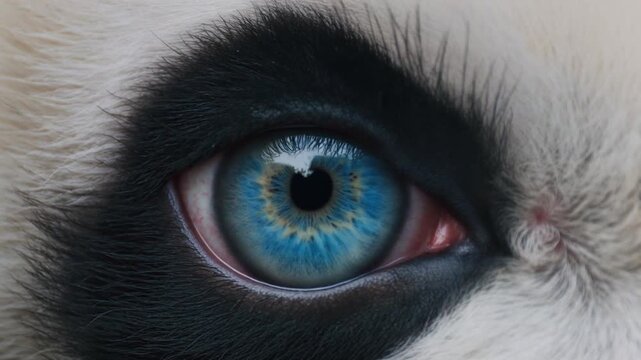 Extreme macro footage of one beautiful giant panda eye with a rich electric blue iris for International Panda Day and World Sight Day