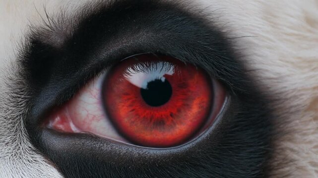 Extreme macro footage of one beautiful giant panda eye with a vivid ruby red iris for International Panda Day and World Sight Day