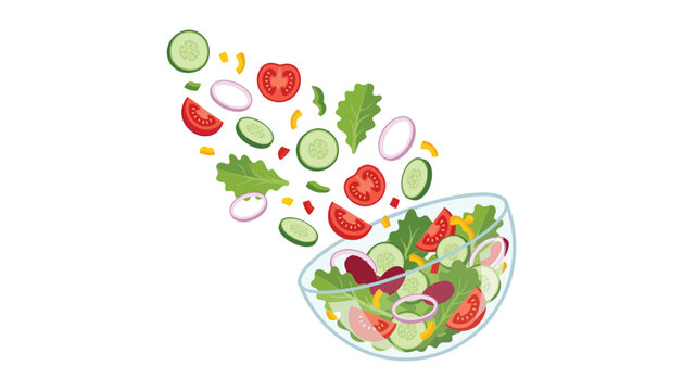 Fresh garden salad vector illustration with flying sliced vegetables falling into a glass bowl isolated on white background