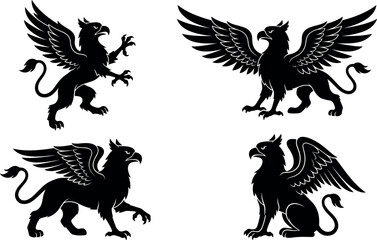 Fototapeta premium Heraldic Griffin Mythological Creature Silhouette Vector Icon Set with Winged Legendary Beasts in Standing, Sitting, and Ramping Poses for Medieval Coats of Arms Graphic Designs