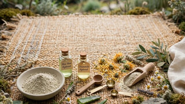 Natural Spa Ingredients: Aloe Vera & Chamomile Hydrosol Flat Lay