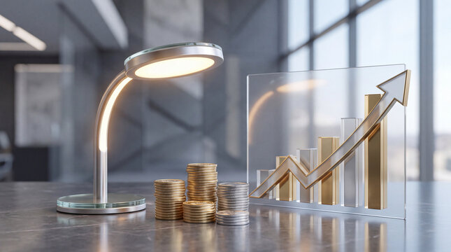 Strategic business growth illuminated by a desk lamp, showcasing financial success with rising charts and stacked coins, symbolizing investment insight and future prosperity