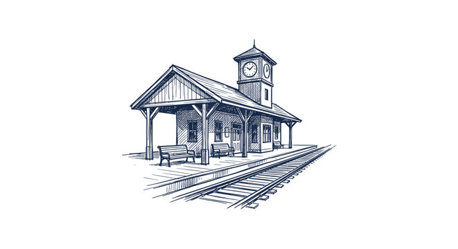 Vintage Train Station with Clock Tower and Railroad Tracks Hand-Drawn Sketch.