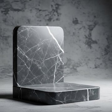 A dark grey flat marble stone podium stand for elegant cosmetic and beauty product display set against an abstract grey textured background, surface, background, platform