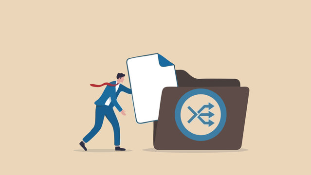 Businessman inserting a white document into a brown folder with a shuffle symbol