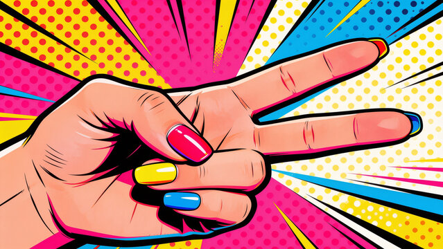 Pop art vector illustration of a hand giving a peace sign, bold nail polish colors, dots
