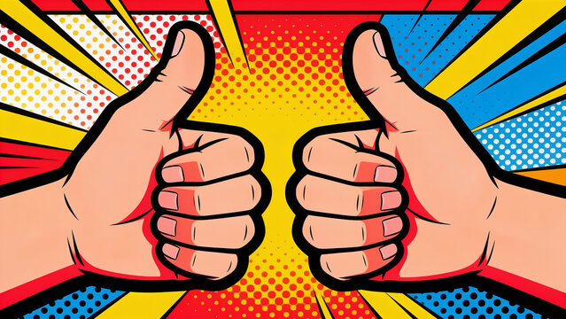 Pop art vector illustration of two hands giving a thumbs up, bold outline, dotted comic background