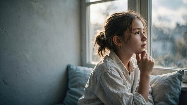 Contemplative Portrait of Young Girl by Window Light