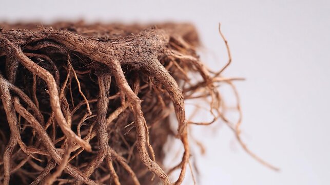 Close up of a plant root ball showing detailed intertwining brown roots against a white background