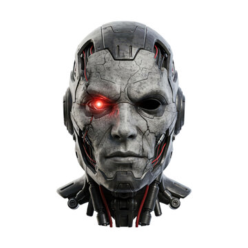 Damaged robotic cyborg head with glowing red eye and exposed mechanical wires and metal plating isolated on a transparent background