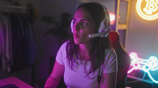 Woman gamer with headset smiles and gives thumbs up at desktop computer with neon controller sign in studio; gaming joy.