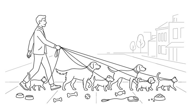 Black and white line art of a person walking multiple dogs on leashes, daily routine, pet care, dog walker service, leisure activity, animal training