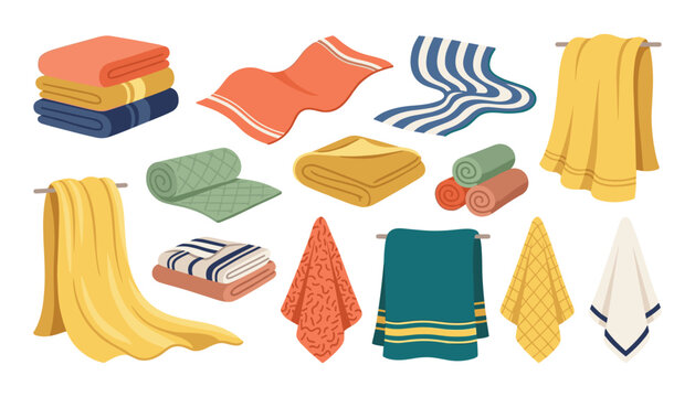 Colorful fabric towels vector set featuring folded rolled striped and hanging bathroom textiles flat illustration collection