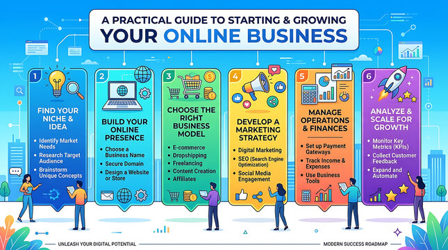 Online business infographic guide, digital entrepreneurship roadmap with 6 steps, startup strategy process flow for e-commerce