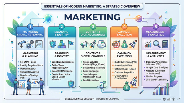 Modern marketing strategy infographic, business branding and digital channels overview, campaign execution and analytics chart