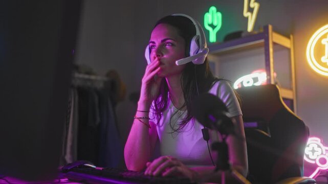 Woman wearing headset adjusts microphone and gestures with hand at keyboard in gaming studio; focused gameplay.