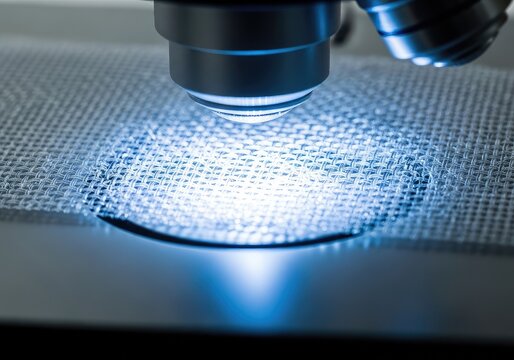 Detailed close-up of a sterile medical textile sample positioned under a professional laboratory microscope with bright scientific lighting, medical, quality control, equipment
